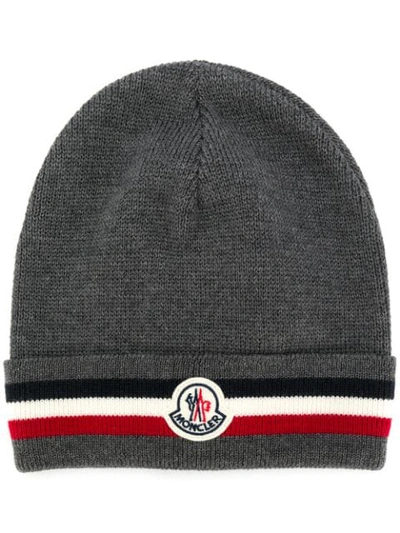 Shop Moncler Striped Trim Beanie In Grey