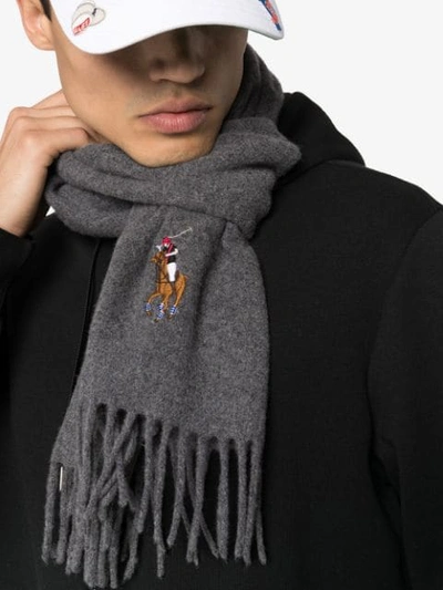 Shop Polo Ralph Lauren Embroidered Logo Scarf In Grey