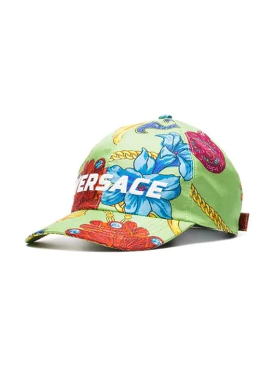 VERSACE GREEN LOGO EMBROIDERED JEWELLERY PRINT SILK BASEBALL CAP - 绿色