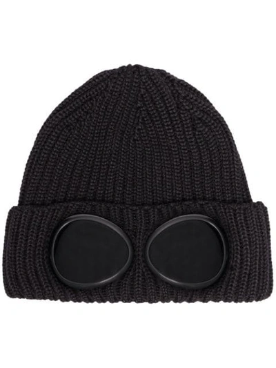 Shop C.p. Company Goggle Detail Ribbed Knit Beanie In Black