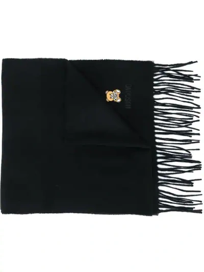Shop Moschino Logo-embroidered Fringed Scarf In Black