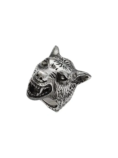 Shop Gucci Anger Forest Wolf Head Ring In Silver