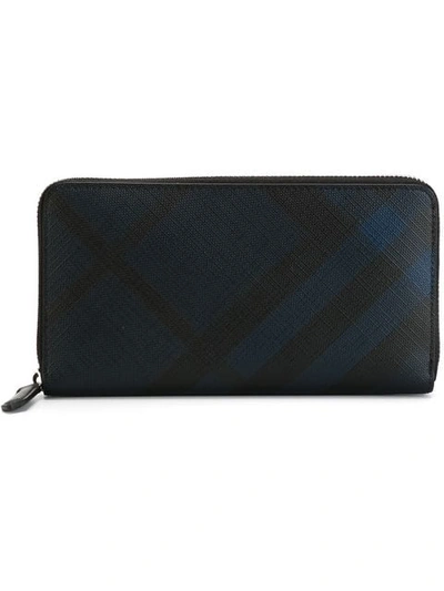 Shop Burberry London Check Ziparound Wallet In Blue