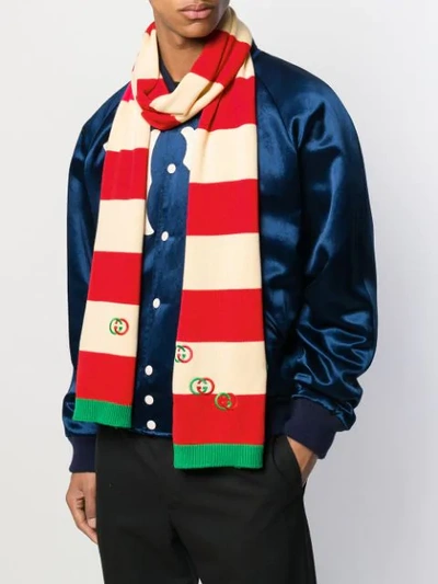 Shop Gucci Embroidered Gg Logo Striped Scarf In Red