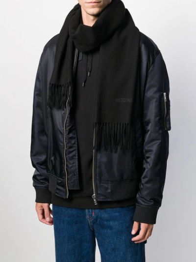 Moschino Logo-embroidered Fringed Scarf In Black