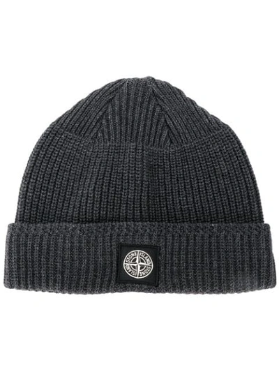 Shop Stone Island Patch Detailed Beanie In Grey