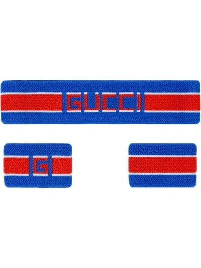Shop Gucci Stripe Headband And Wrist Cuffs In Blue