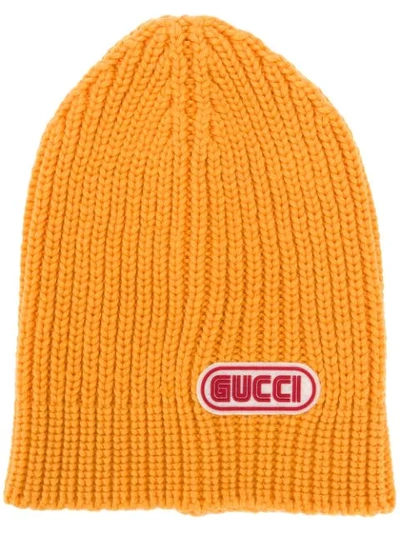 Shop Gucci Logo Patch Beanie - Yellow
