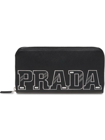 Shop Prada Logo Plaque Continental Wallet - Black