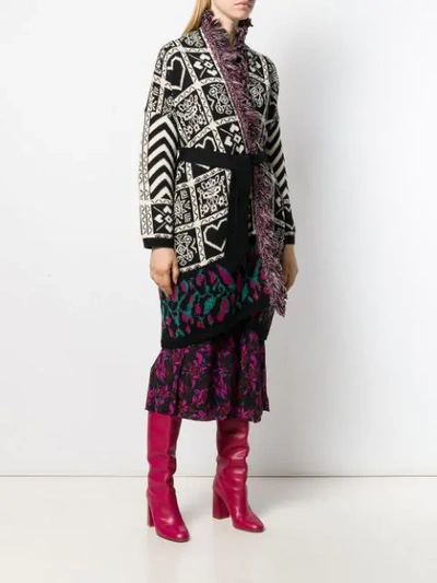 Shop Twinset Mix Pattern Fringe Coat In Black