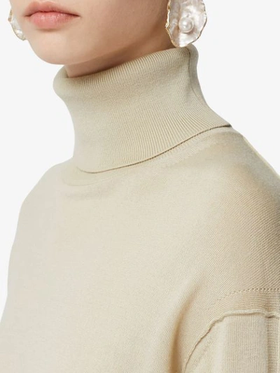 Shop Burberry Logo Detail Merino Wool Silk Roll-neck Sweater In Neutrals