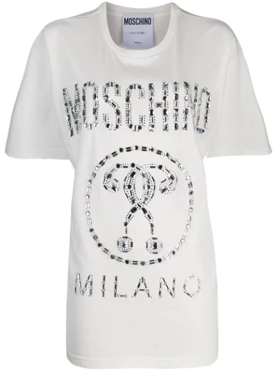Shop Moschino Crystal Embellished Logo T-shirt In White