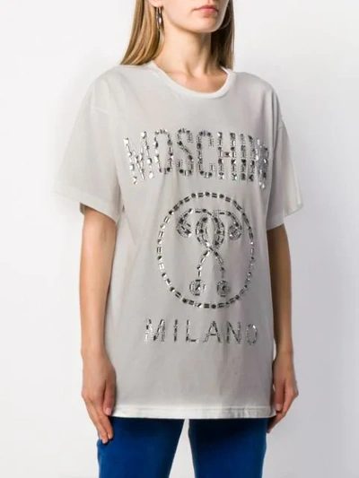 Shop Moschino Crystal Embellished Logo T-shirt In White