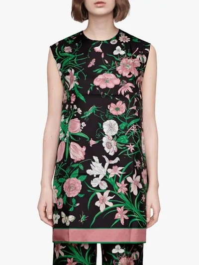 Shop Gucci Sleeveless Floral Tunic Top In Black