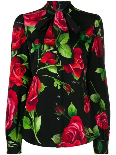 Shop Dolce & Gabbana Rose Print Charmeuse Shirt In Black