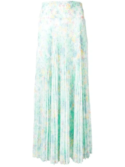 Shop Prada Pleated Floral Skirt In Blue