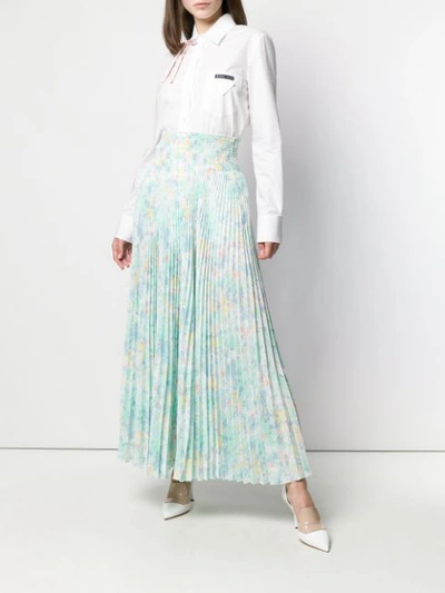 Shop Prada Pleated Floral Skirt In Blue