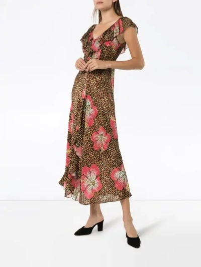 Shop Rixo London Antoinette Animal Floral Print Midi Dress In Brown