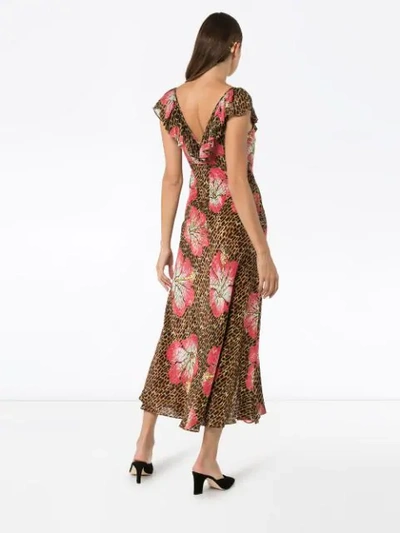 Shop Rixo London Antoinette Animal Floral Print Midi Dress In Brown