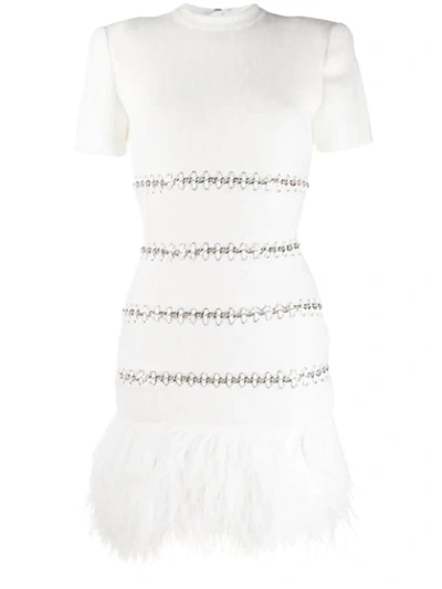 Shop Balmain Feather-trim Dress In White