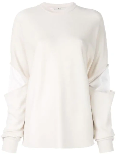 Shop Tibi Double Layer Slit Sleeve Sweater In Stone/ivory Multi