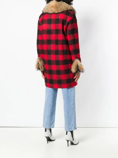 Shop Bazar Deluxe Racoon Fur-lined Checkered Coat In Red