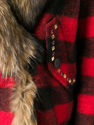 Shop Bazar Deluxe Racoon Fur-lined Checkered Coat In Red