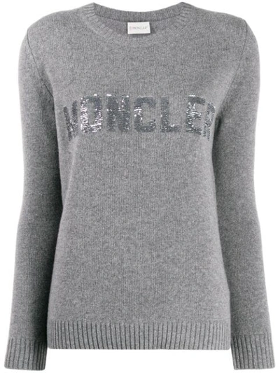 Shop Moncler Sequined Logo Jumper In Grey