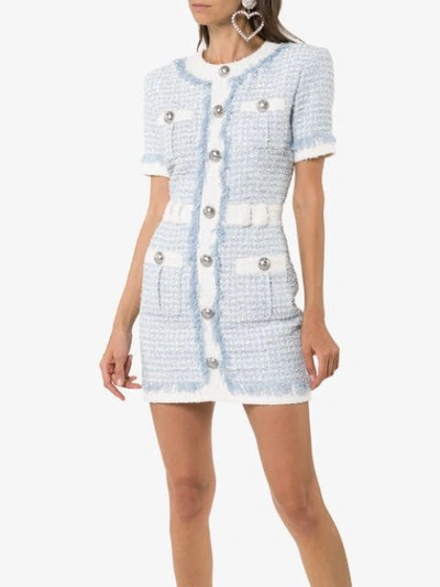 Balmain Buttoned Sequin-embroidered Tweed Mini Dress In Blue | ModeSens