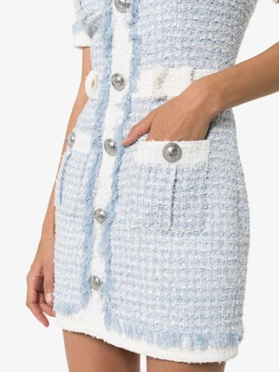Shop Balmain Buttoned Tweed Mini Dress In Blue
