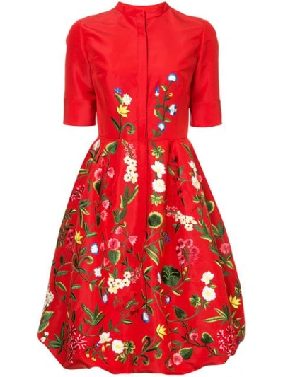 Shop Oscar De La Renta Botanical Embroidered Dress In Red
