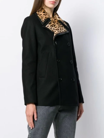 Shop Saint Laurent Leopard Print Collar Double-breasted Coat In Black