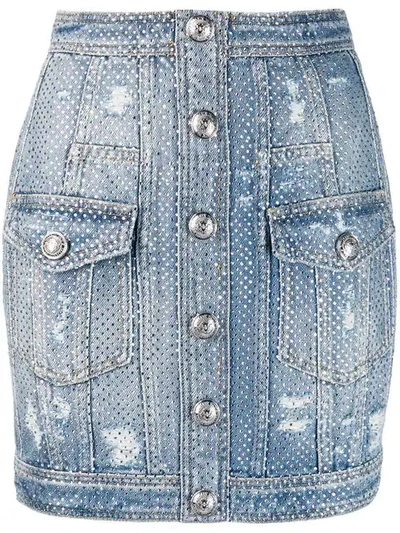 Shop Balmain Distressed Crystal Denim Skirt In Blue