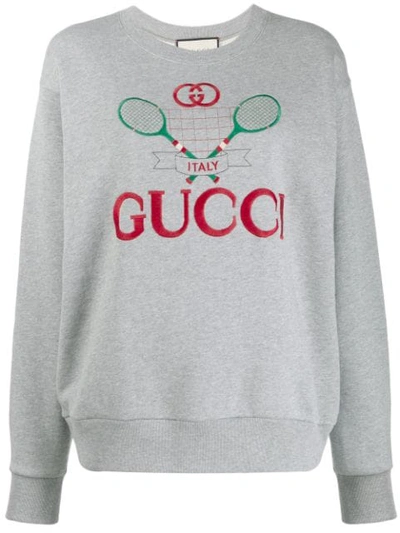 Shop Gucci Tennis Motif Embroidered Sweatshirt In Grey