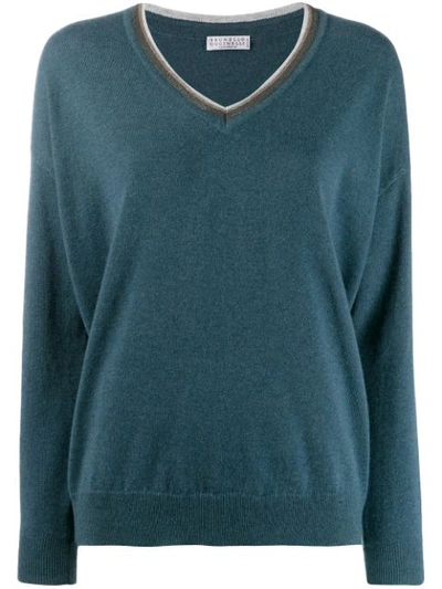 Shop Brunello Cucinelli Embellished V-neck Jumper In Blue