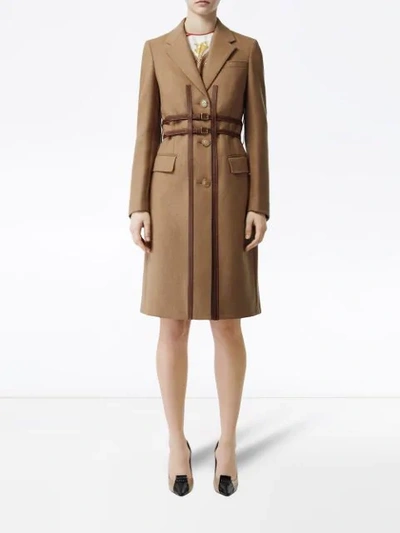 Shop Burberry Leather Harness Detail Wool Tailored Coat In Brown