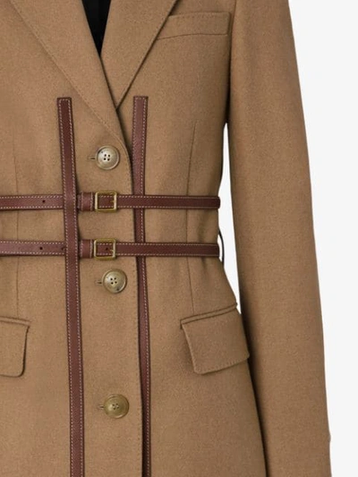 Shop Burberry Leather Harness Detail Wool Tailored Coat In Brown