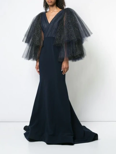 CHRISTIAN SIRIANO EMBELLISHED TULLE SLEEVE GOWN - 黑色