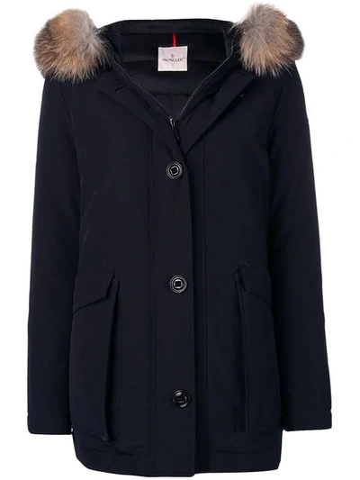 Shop Moncler Fox Fur Hooded Coat In Blue