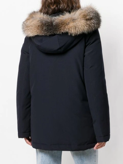 Shop Moncler Fox Fur Hooded Coat In Blue