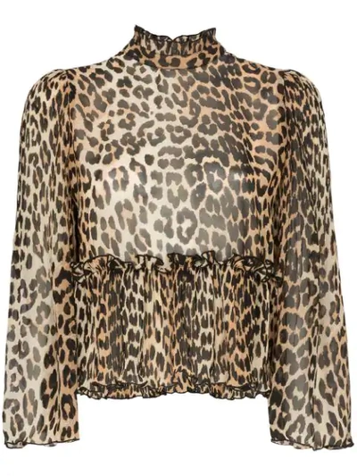 Shop Ganni High Neck Leopard Print Blouse In Brown