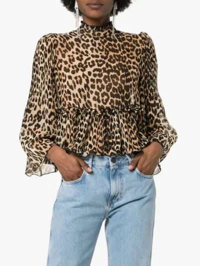 Shop Ganni High Neck Leopard Print Blouse In Brown