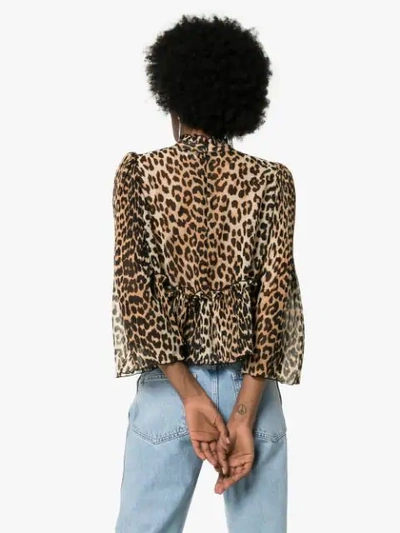 Shop Ganni High Neck Leopard Print Blouse In Brown