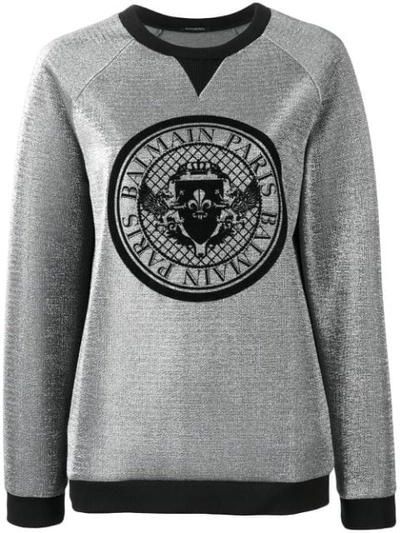 Shop Balmain Logo Medallion Sweatshirt In Silver