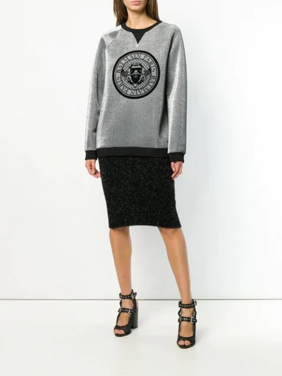 Shop Balmain Logo Medallion Sweatshirt In Silver