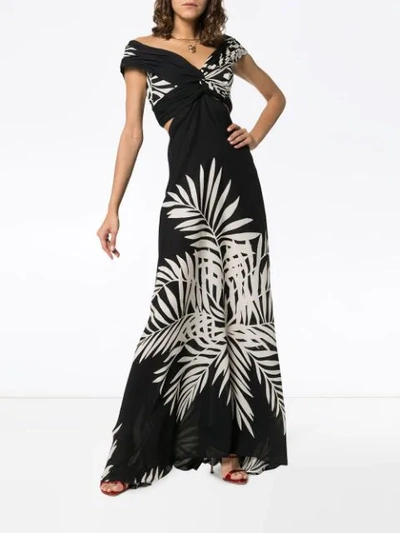 Shop Johanna Ortiz Negra V Neck Palm Print Silk Gown In Black