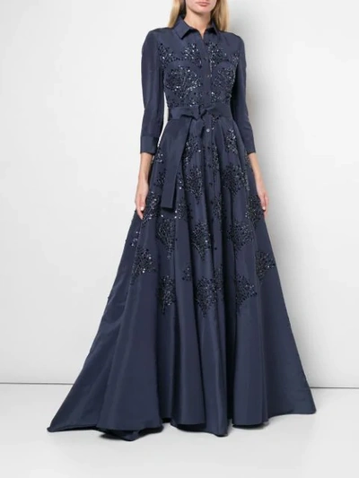 Shop Carolina Herrera Floral-embellished Silk Gown In Blue