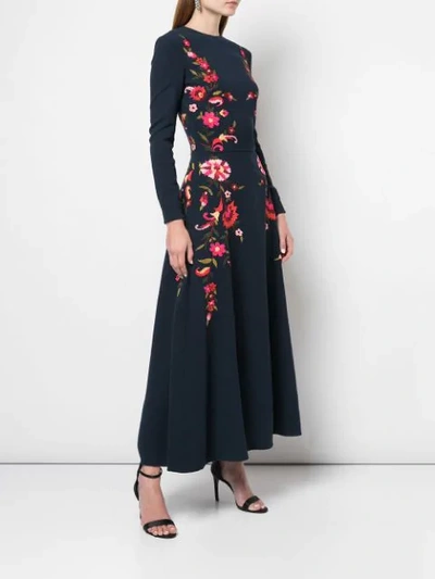 Shop Oscar De La Renta Floral Embroidered Long Dress In Blue