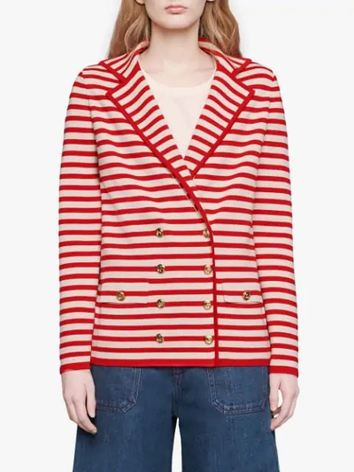 Shop Gucci Striped Wool Jacket With Patch In White