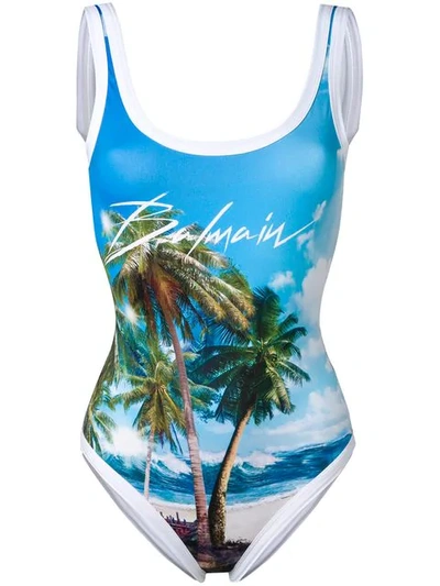 Shop Balmain Palm Tree Logo Swimsuit In Blue